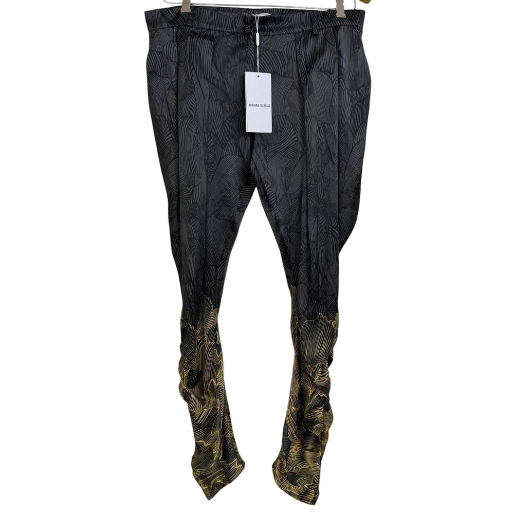 Adriana Iglesias Silk Pants Womens Size 40 Black Tapered Yellow Button Cuff NWT